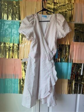 Draper James Pink and Green Striped Puff-Sleeve Wrap Dress